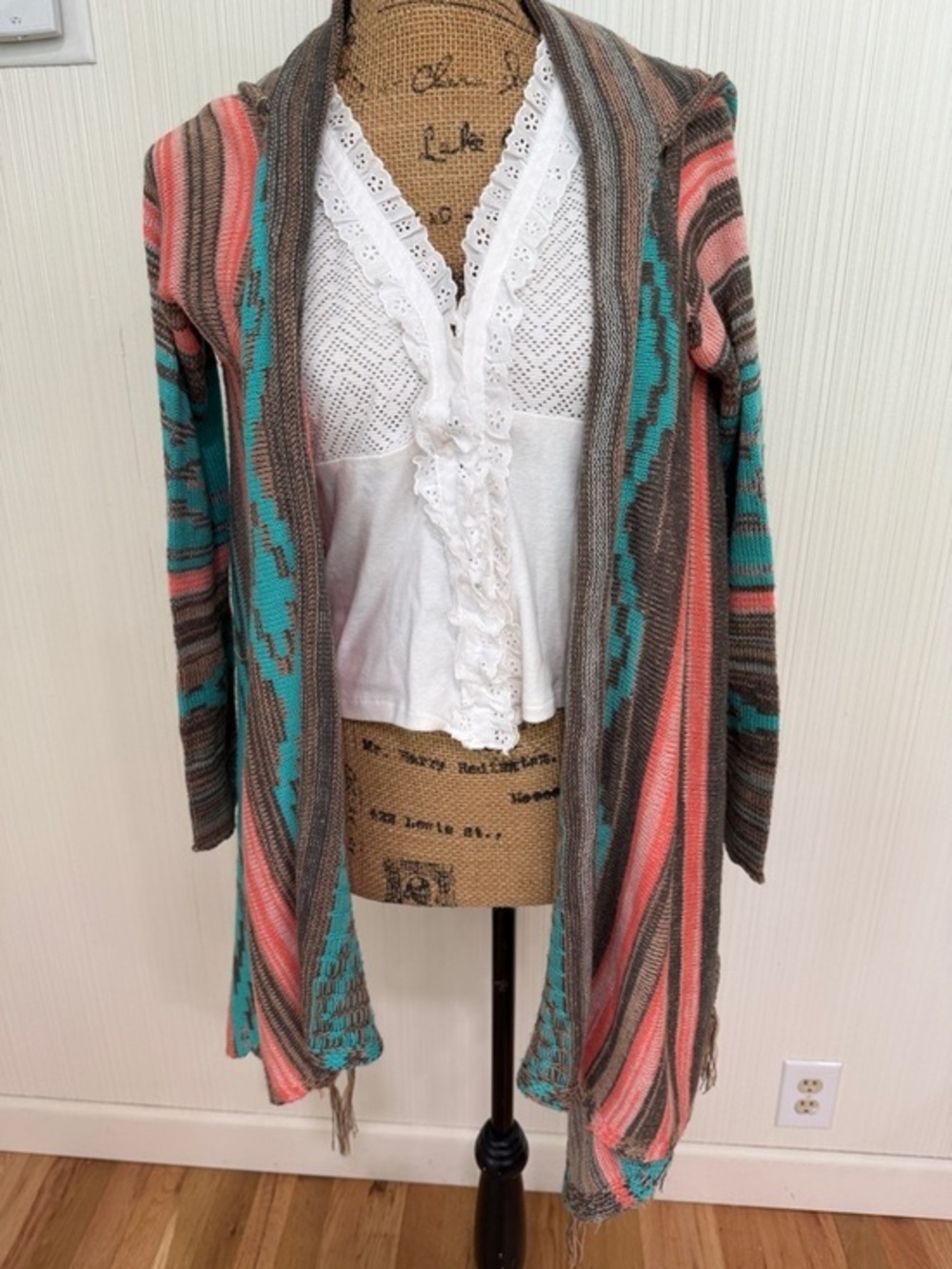 Turquoise and Coral Open-Front Knit Cardigan Sweater with Fringe Trim on Hem